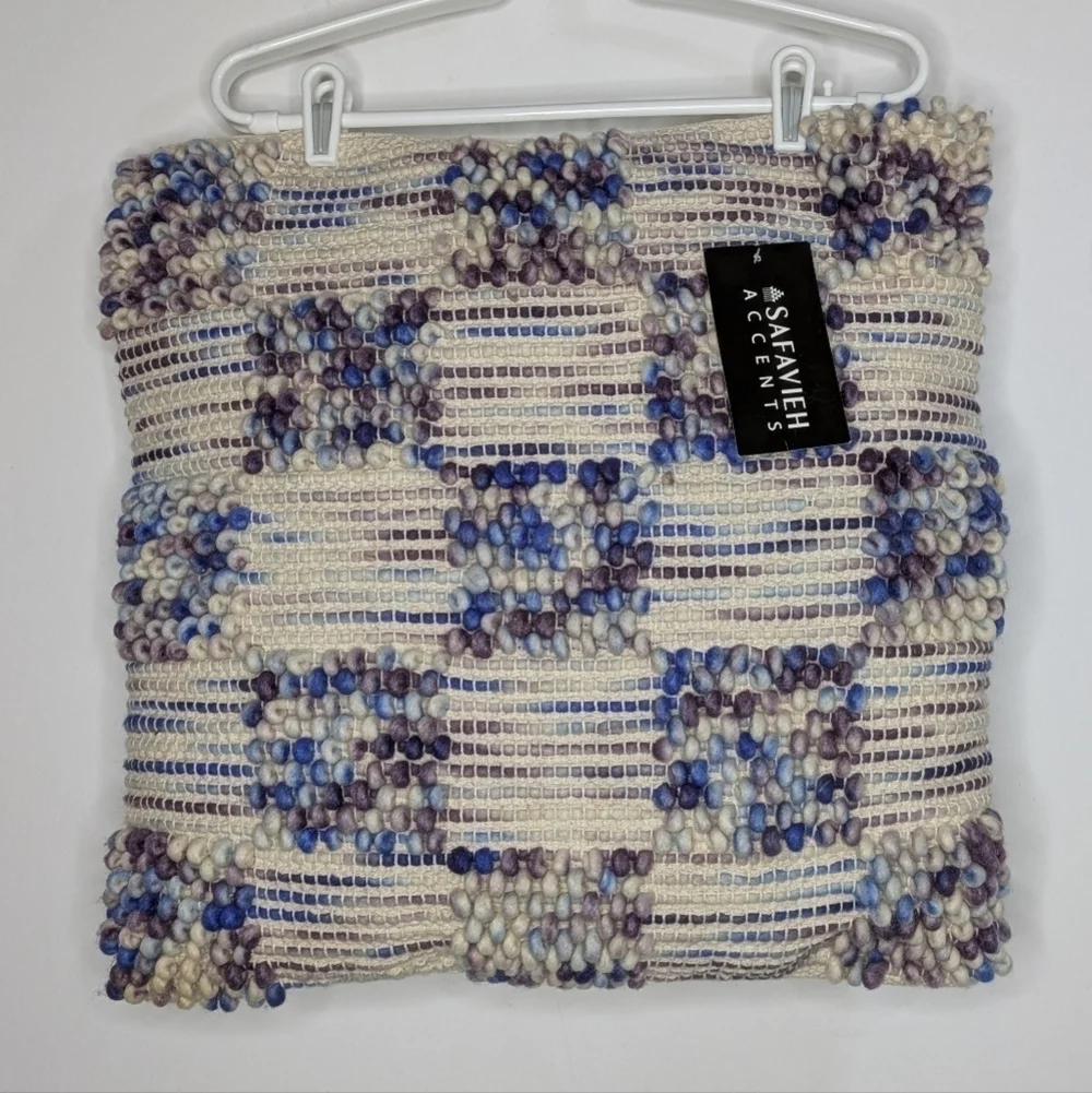 NWT Safavieh cream purple blue woven textured cotton & wool pillow 20x20